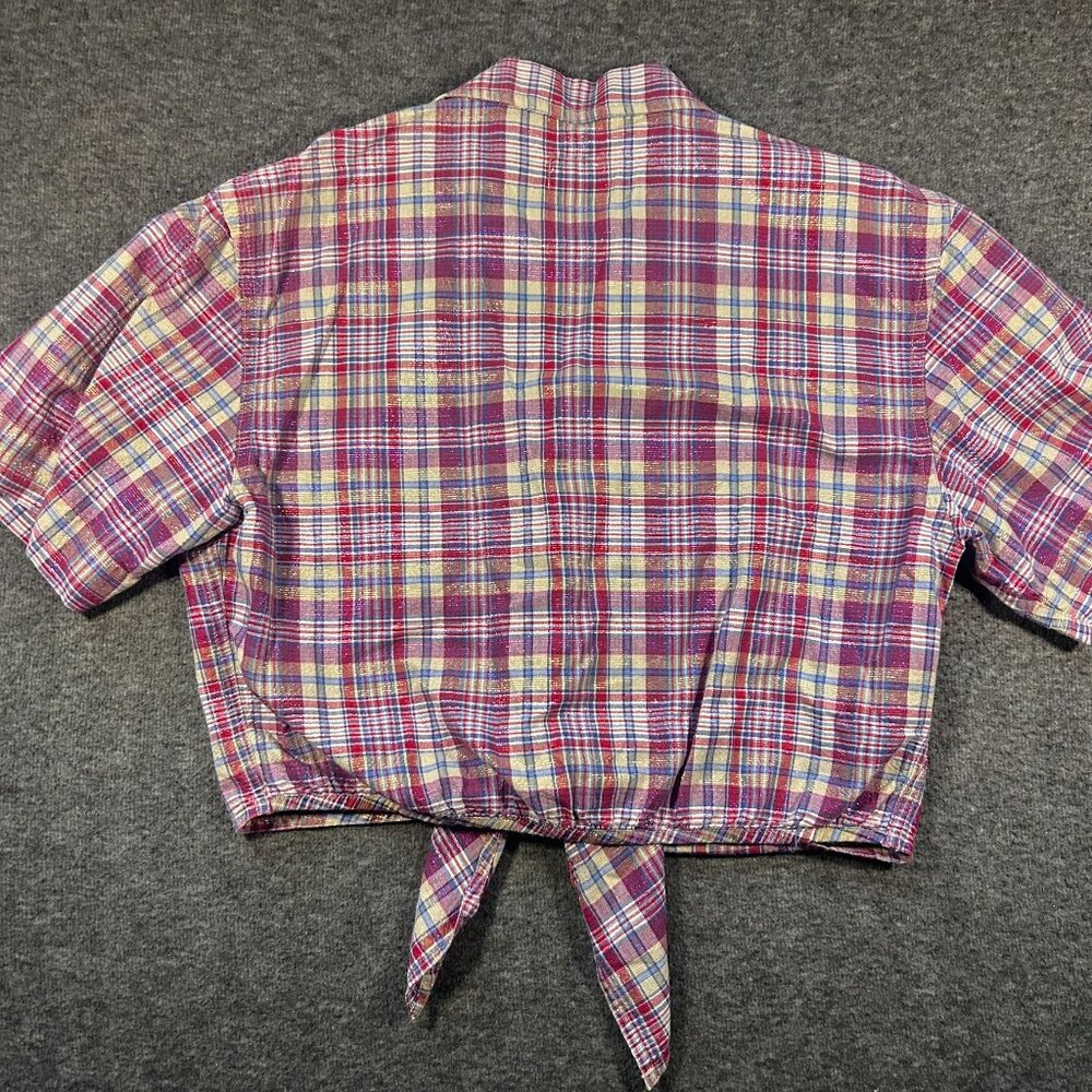 Vintage LizWear Metallic Plaid Button-Up Tie Front Shirt  Sz. M - Western Crop‎ - Picture 2 of 10